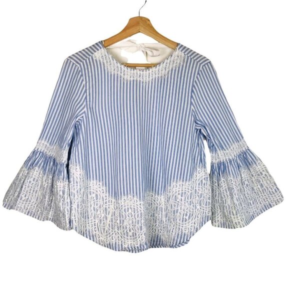 Zara Blue and White Striped Long-Sleeve Lace Detail Top Size X-Small - Picture 2 of 8